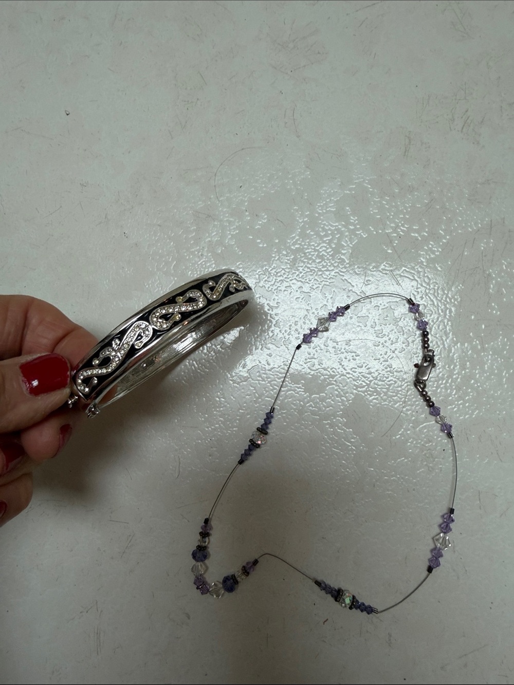 Source Unknown Silver-Tone Swirl Bangle with Purple Bead Necklace